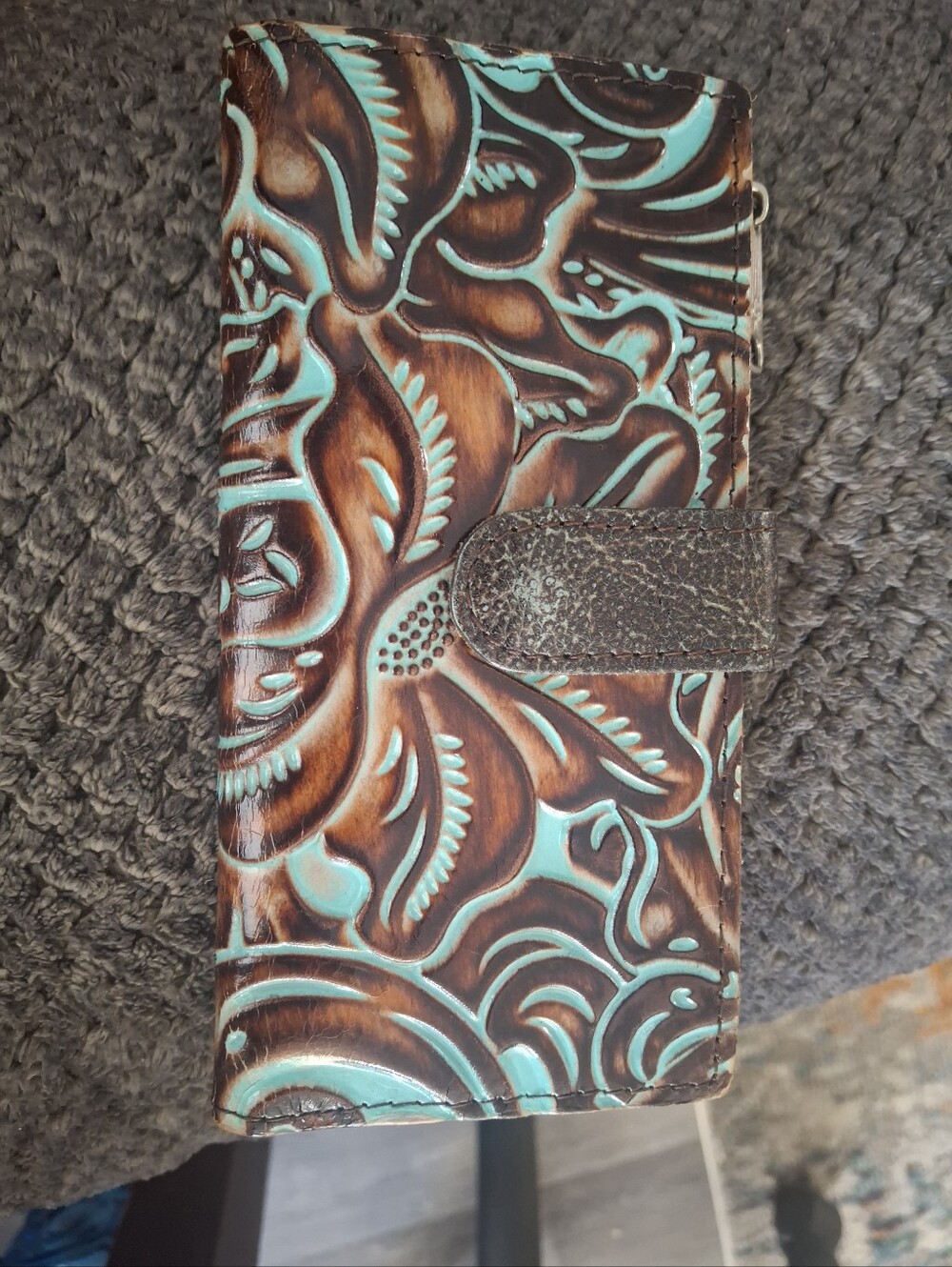 Patricia Nash Turquoise Brown Floral Tooled Leather Wallet